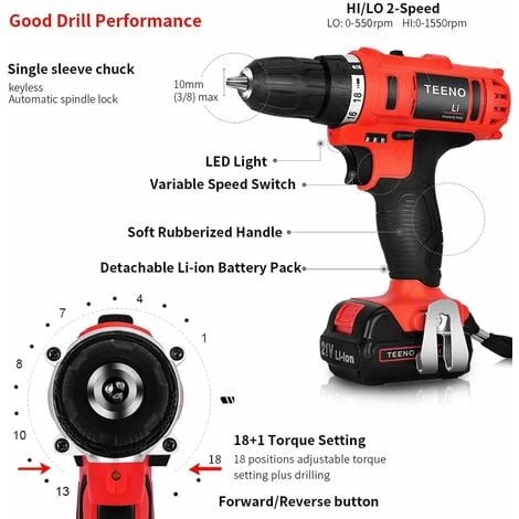 Perceuse Visseuse Sans Fil 21V, TEENO Deux 1.5Ah Batteries Visseuse Devisseuse Sans Fil,41 Accessoires,gants Professionnels 4 Perceuse Visseuse Sans Fil 21V, TEENO Deux 1.5Ah Batteries Visseuse Devisseuse Sans Fil,41 Accessoires,gants Professionnels – Image 2