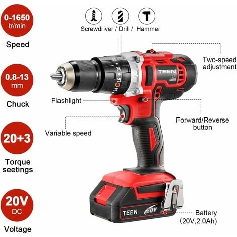 Perceuse Visseuse à Percussion Sans Fil TEENO,2×2.0 Ah Batteries, 13mm Mandrin Auto-serrant 4 Perceuse Visseuse à Percussion Sans Fil TEENO,2×2.0 Ah Batteries, 13mm Mandrin Auto-serrant – Image 2
