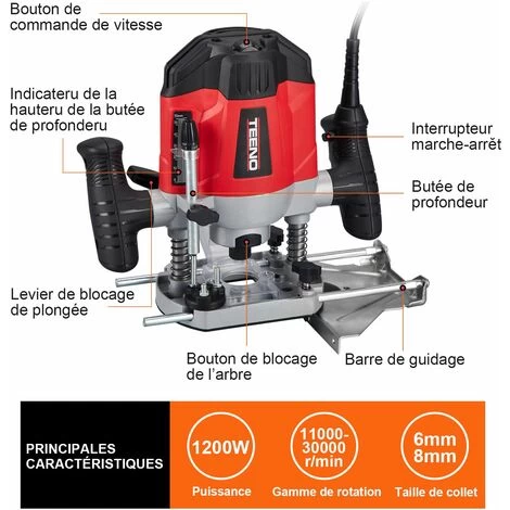 Défonceuse 1200 Watts TEENO, Mallette,12 Fraises,2 Brosse à Charbon 4 Défonceuse 1200 Watts TEENO, Mallette,12 Fraises,2 Brosse à Charbon – Image 2