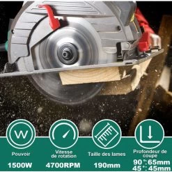 Scie Circulaire HYCHIKA 1500W, 4700PRM, 2 Lames De Scie Ø 190mm (40T&24T), Profondeur De Coupe Max.:65mm(90°), 45mm(45°), Moteur En Cuivre Pur, 3m Cordon D'alimentation -Outils Électriques 31787756 2