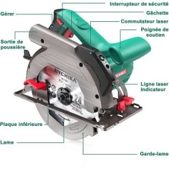 Scie Circulaire HYCHIKA 1500W, 4700PRM, 2 Lames De Scie Ø 190mm (40T&24T), Profondeur De Coupe Max.:65mm(90°), 45mm(45°), Moteur En Cuivre Pur, 3m Cordon D'alimentation -Outils Électriques 31787756 5