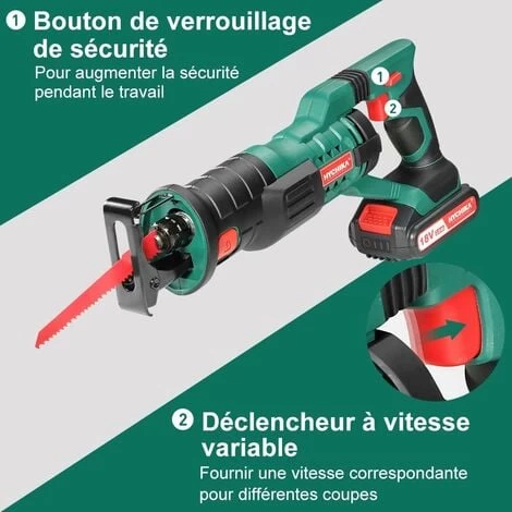 Scie Sabre à Batterie, HYCHIKA 18V Scie Egoîne Electrique Sans Fil, Vitesses Réglables 0-2800RPM, 4×Lames De Scie, Avec 2Ah, 2×Batteries, 1h Chargeur Rapide, Idéal Pour La Coupe Du Bois Et Du Métal 6 Scie Sabre à Batterie, HYCHIKA 18V Scie Egoîne Electrique Sans Fil, Vitesses Réglables 0-2800RPM, 4×Lames De Scie, Avec 2Ah, 2×Batteries, 1h Chargeur Rapide, Idéal Pour La Coupe Du Bois Et Du Métal – Image 4