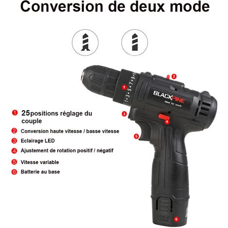 BLACKPINE - Perceuse Visseuse Tournevis Sans Fil 2 X 12V 1500mAh Batteries Lithium + 24 Accessoires + Caisse Portable 4 BLACKPINE - Perceuse Visseuse Tournevis Sans Fil 2 X 12V 1500mAh Batteries Lithium + 24 Accessoires + Caisse Portable – Image 2