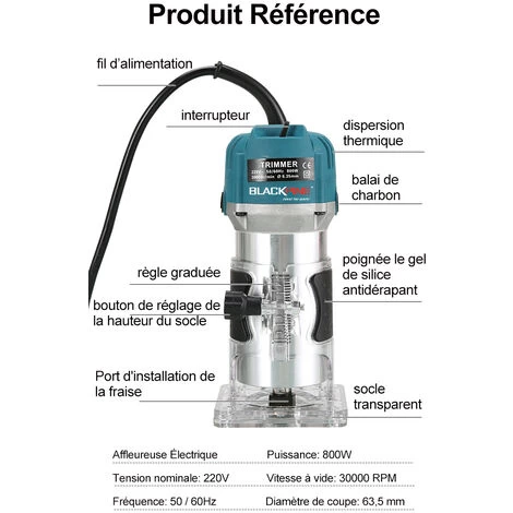 BLACKPINE - Affleureuse Défonceuse Électrique à Bois 220V 800W Trimmer Router, 30000r/min, Φ 6.35mm 4 BLACKPINE - Affleureuse Défonceuse Électrique à Bois 220V 800W Trimmer Router, 30000r/min, Φ 6.35mm – Image 2