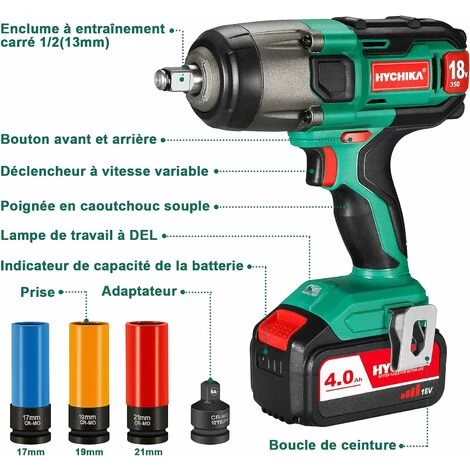 Boulonneuse A Choc, HYCHIKA 350Nm Clé à Chocs Sans Fil Avec 4.0Ah Batterie, Visseuse à Choc Fréquence D'impact 3000IPM, 3 Douilles à Chocs Pour 17/19/21mm, 10/13mm Mandrin, Boulons De Roue 4 Boulonneuse A Choc, HYCHIKA 350Nm Clé à Chocs Sans Fil Avec 4.0Ah Batterie, Visseuse à Choc Fréquence D'impact 3000IPM, 3 Douilles à Chocs Pour 17/19/21mm, 10/13mm Mandrin, Boulons De Roue – Image 2