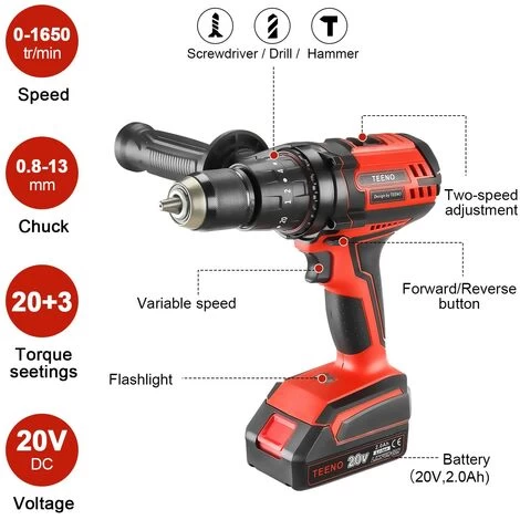 Perceuse A Percussion,TEENO 20V Perceuse Visseuse Sans Fil,poignée Latérale Amovible,2x2.0AhBatterie,20+3Réglages De Couple & 2 Vite 4 Perceuse A Percussion,TEENO 20V Perceuse Visseuse Sans Fil,poignée Latérale Amovible,2x2.0AhBatterie,20+3Réglages De Couple & 2 Vite – Image 2