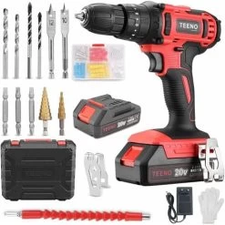 TEENO Perceuse Visseuse A Percussion Sans Fil PSR 20v+2A Batterie Lithium +2Vitesses+ Gants Professionnels (Deux Batterie)