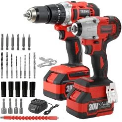 Brushless Clé à Chocs Sans Fil 320Nm, Perceuse A Percussion,TEENO Pack 2 Outils, 2 Batterie 3.0Ah,1 Chargeur, 29 Accessoires, 2 Vitesses, Avec Boite En Plastique