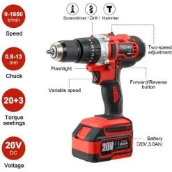 Brushless Clé à Chocs Sans Fil 320Nm, Perceuse A Percussion,TEENO Pack 2 Outils, 2 Batterie 3.0Ah,1 Chargeur, 29 Accessoires, 2 Vitesses, Avec Boite En Plastique -Outils Électriques 60163062 3