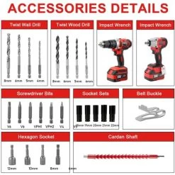 Brushless Clé à Chocs Sans Fil 320Nm, Perceuse A Percussion,TEENO Pack 2 Outils, 2 Batterie 3.0Ah,1 Chargeur, 29 Accessoires, 2 Vitesses, Avec Boite En Plastique -Outils Électriques 60163062 4