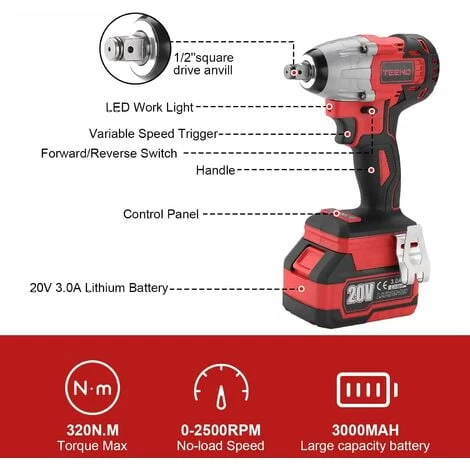 Brushless Clé à Chocs Sans Fil Sans Avec Adaptateur,1Batterie 3.0AH TEENO,5 Douilles à Chocs, Avc 26pcs Accessoires (Une Batterie) 4 Brushless Clé à Chocs Sans Fil Sans Avec Adaptateur,1Batterie 3.0AH TEENO,5 Douilles à Chocs, Avc 26pcs Accessoires (Une Batterie) – Image 2