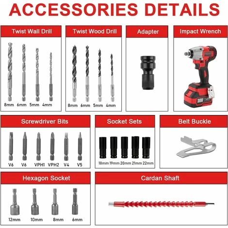 Brushless Clé à Chocs Sans Fil Sans Avec Adaptateur,1Batterie 3.0AH TEENO,5 Douilles à Chocs, Avc 26pcs Accessoires (Une Batterie) 6 Brushless Clé à Chocs Sans Fil Sans Avec Adaptateur,1Batterie 3.0AH TEENO,5 Douilles à Chocs, Avc 26pcs Accessoires (Une Batterie) – Image 4