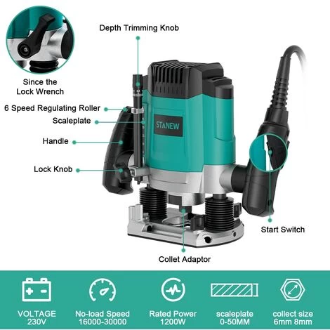 Défonceuse Verticale Electrique 1200 W 16000-30000 RPM STANEW, Profession Fresatrice Verticale Avec Set De 12 Fraises,6 Vitesses, Réglage De La Profondeur De Fraisage. 4 Défonceuse Verticale Electrique 1200 W 16000-30000 RPM STANEW, Profession Fresatrice Verticale Avec Set De 12 Fraises,6 Vitesses, Réglage De La Profondeur De Fraisage. – Image 2