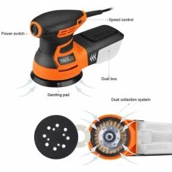 TACKLIFE Ponceuse Excentrique, Ponceuse Rotative Électrique 350W 13000 OPM, 6 Vitesses Variables, Équipé D’Une Boîte à Poussière, 12pcs Disque De Ponçage, Ponceuse Pour Le Ponçage Du Bois PRS01A -Outils Électriques 88566672 2