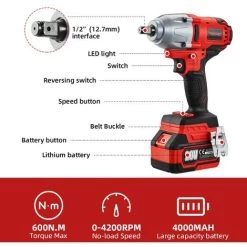 TEENO Clé à Chocs 20V Brushless Lithium-Ion Batteries 4.0Ah, 4 Douilles à Chocs, 600N.m (deux Batteries) -Outils Électriques 95841065 2