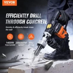 VEVOR Marteau De Demolition 1400 W Marteau-Piqueur 19 J 2900 BPM Marteau Perforateur Avec 2 Burins Remplacables Poignee Rotative 360° Anti-Vibration Brise-Beton Pour Burinage Construction Plomberie -Outils Électriques 98404010 2